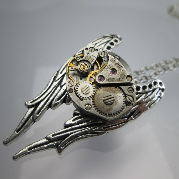 Steampunk Watch Movements Gears Necklace, Watch Guitar necklace,Exposed Gears necklace pendant,Steampunk Owl Wings Necklace,Gothic Steampunk