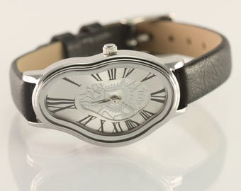 Gold Silver Salvador Dali Inspired Brown Leather Wrap watch, Dali Melting Time watch ,Softwatch ,bracelet watch,wrist watch,Leather Bracelet
