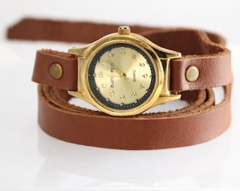 Camel Tanned Round Numbers  Leather Wrist Watch,Womens Wrist Watch,Leather Wrap Watch, Leather Watch for girls ladies ,Womens Gift,Teen Gift