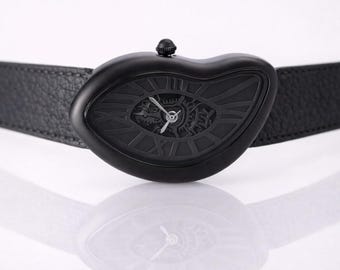 Orologie Surrealistische Kunst Design Skeleton Uhr Kunst Liquid Time Dali Melting Black Style Französische Hommage Unregelmäßige weiche geschmolzene Uhr
