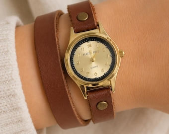 Round Classic Gold Leather Wrist Watch,Womens,Leather Wrap Watch,tan Brown Leather Watch for girls ladies,Womens Gift,Teen Girls Woman Gift