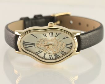 Gold Salvador Dali inspiriert braune Leder Wrap Uhr, Dali Melting Time Uhr, Softwatch, Armbanduhr, Armbanduhr, Lederarmband