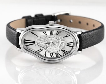 Custom Handmade Surrealist Wrist Watch – Dali Inspired Melting Art Watch, Unique Leather Wrap Timepiece, Unisex Gift Watch