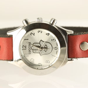 Red Burgundy Leather,Shema Israel, Judaica Religious, Hamsa Evil Eye watch, jewish star of David, Hanukkah gift,Bar-mitzvah gift,Wrist Watch