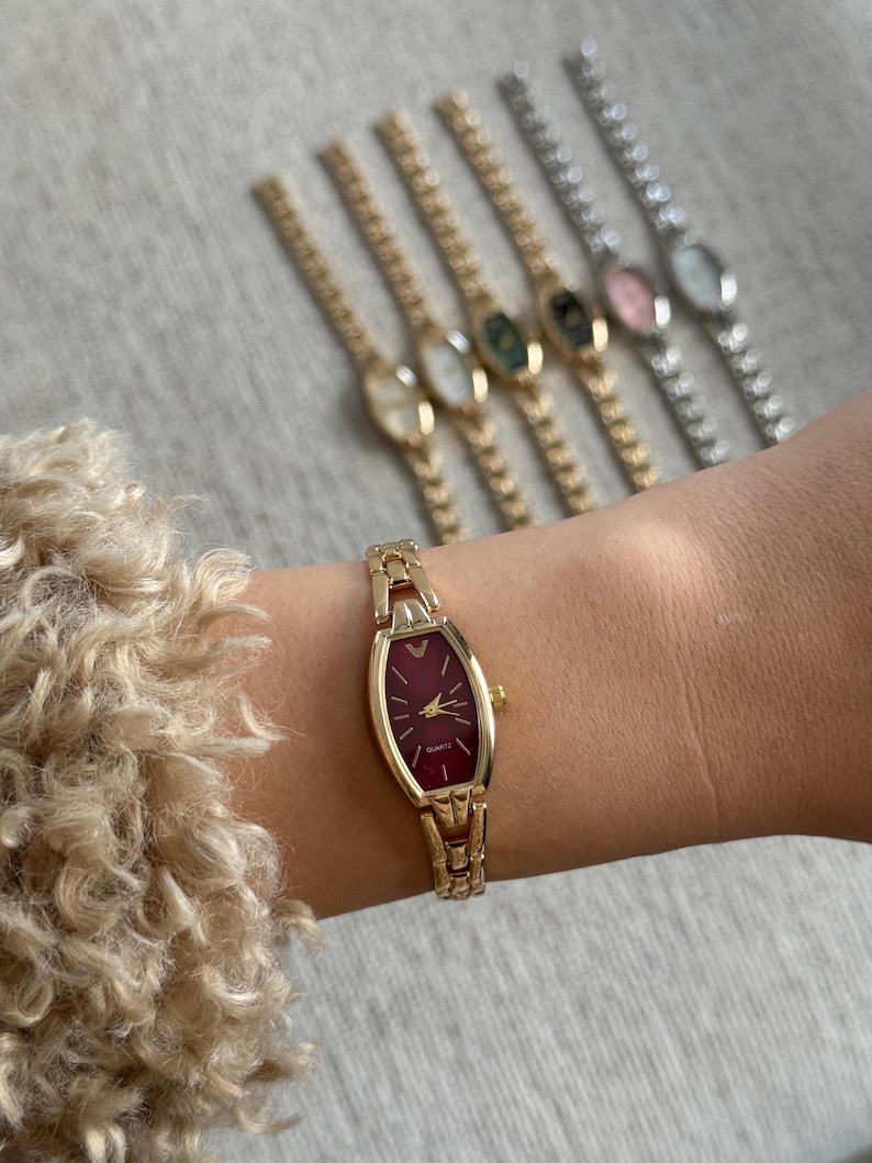 Women’s Bracelet Watch Gold Silver, Minimalist Watch, Gift for Her, Everyday Quartz gold-burgundy