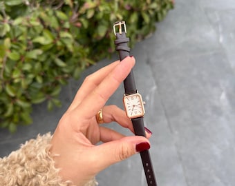 Rectangle Women’s Watch: Brown Leather Strap, 20mm Small Dial, Gift for Her