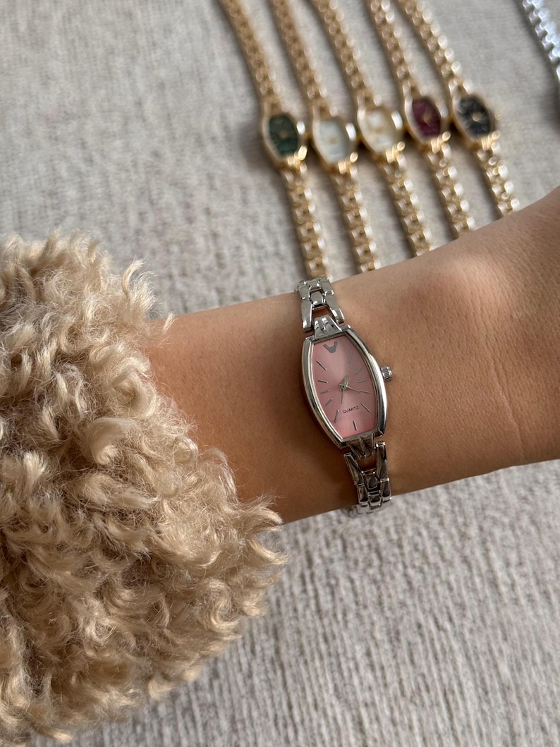 Women’s Bracelet Watch Gold Silver, Minimalist Watch, Gift for Her, Everyday Quartz silver-pink