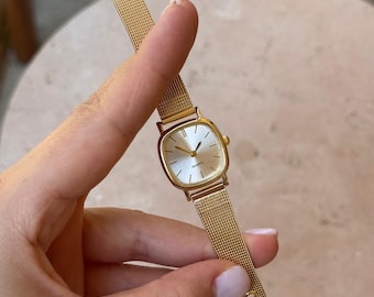 Gold Women’s Watch, Mesh Bracelet, Small Dial Quartz Watch, Gift for Her
