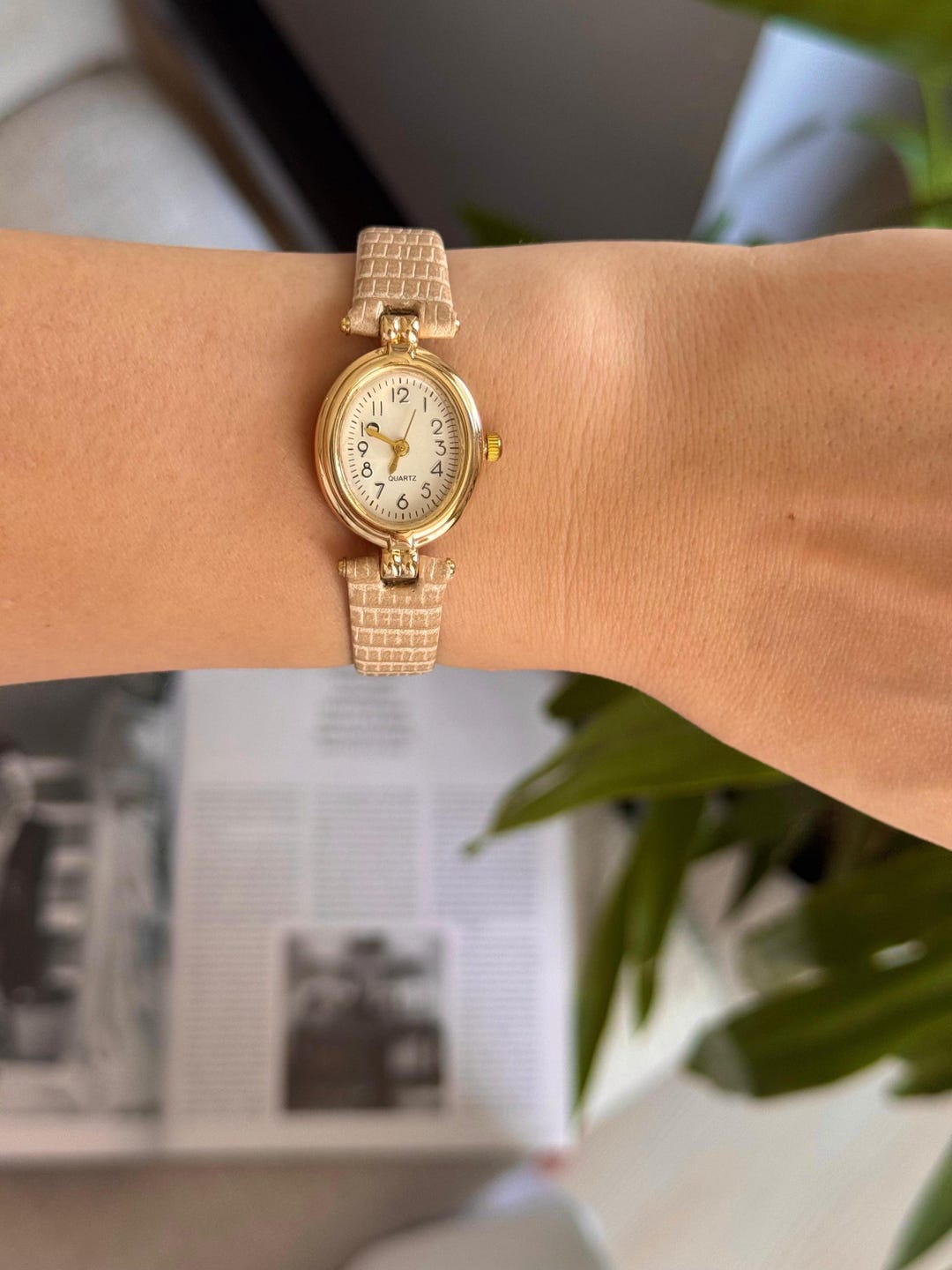 Buy Women's Gold Watch: Oval Case, Quartz Leather Strap,gift for