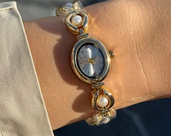 Pearl Bracelet Women’s Watch, Oval Dial 26mm, Quartz Watch,  Gift for Her