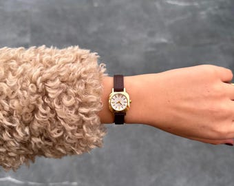 Gold Women’s Watch, Small Dial, Faux Leather Strap, Gift for Her