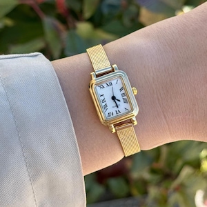 Gold Women’s Square Watch, Mesh Strap Watch, Minimalist Wristwatch, Gift for Her, Casual Everyday