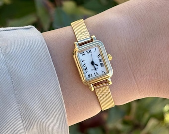 Reloj cuadrado dorado para mujer, correa de malla, reloj minimalista, regalo para ella.