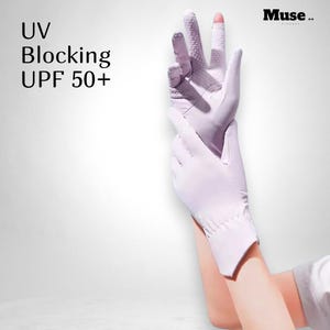 May include: Light lavender UV blocking gloves with UPF 50+ protection. The gloves feature a textured grip pattern on the palm and fingers, with the text Muse displayed in the upper right corner and UV Blocking UPF 50+ on the left side.