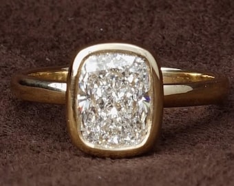 2 CT Cushion Lab Grown Diamond Engagement Ring, 14K Gold Bezel Solitaire