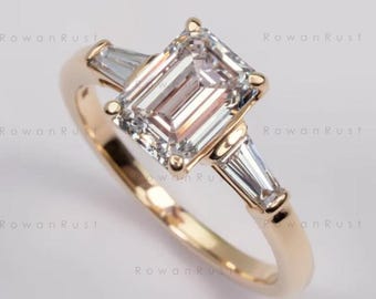 2 CT Emerald Cut Lab Grown Diamond Engagement Ring, 14K Solid Gold Three Stone
