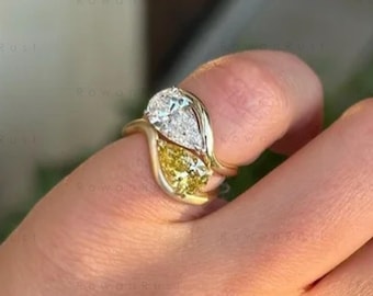 1 CT Yellow & Colorless Pear Lab Diamond 14K Gold Two Stone Pinky Promise Ring