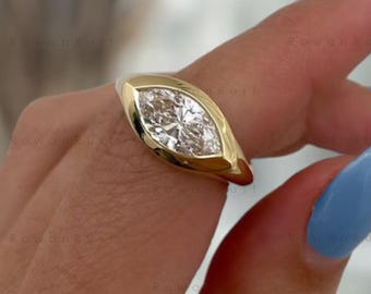 Anillo de compromiso con diamante cultivado en laboratorio, talla marquesa, de 1,2 quilates, con engaste de oro macizo de 14 quilates.