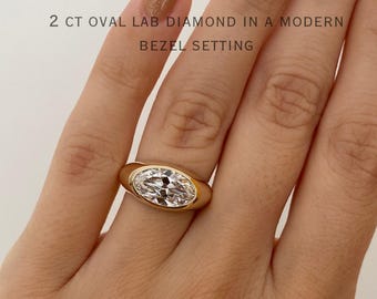 East West Oval Cut Lab Grown Diamond Engagement Ring, 14K Solid Gold Solitaire