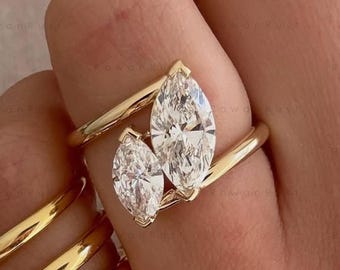Toi Et Moi Ring, Marquise Lab Diamond Engagement Ring, 14K Gold Two Stone