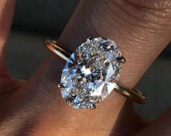 Anillo de compromiso con diamante cultivado en laboratorio de talla ovalada de 3 quilates, anillo con halo oculto de oro macizo de 14 quilates, anillo bicolor, anillo de aniversario, regalo para ella.