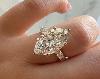 5 CT Marquise Cut Lab Diamond Engagement Ring, 14K Gold Hidden Halo And Pave