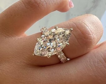 5 CT Marquise Cut Lab Diamond Engagement Ring, 14K Gold Hidden Halo And Pave
