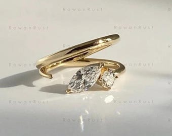 Anillo Toi Et Moi, anillo de compromiso con diamantes de laboratorio talla marquesa y ovalada, banda abierta de oro de 14 quilates.