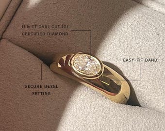 0.5 CT Oval Lab Grown Oval Diamond Engagement Ring, 14K Gold Bezel Solitaire Chunky