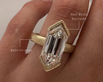 Dutch Marquise Cut Lab Grown Diamond Engagement Ring, 14K Gold Half Bezel Solitaire