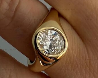Oval Lab Grown Diamond Bezel Ring, 14K Yellow Gold Signet Style Engagement Ring