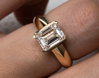 Emerald Cut Lab Grown Diamond Ring, 14K Solid Gold Half Bezel Knife Edge Band