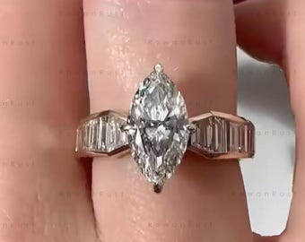 Two Tone Marquise Cut Lab Grown Diamond Engagement Ring, 14K Solid Gold  Channel