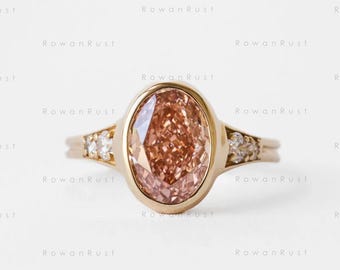 2.5 CT Deep Champagne Oval Cut Lab Diamond Engagement Ring, 14K Solid Gold Ring