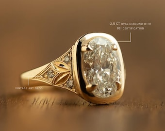 2.5 CT Oval Cut Lab Grown Diamond Engagement Ring, 14K Gold Engraved Art Deco
