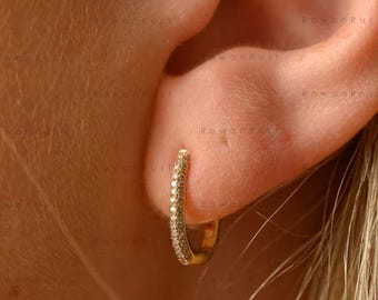 0.2 TCW Round Cut Lab Grown Diamond Earrings, 14K Gold Hoop Earrings, Pave Mini Earrings