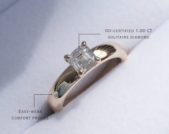 1 CT Asscher Cut Lab Grown Diamond Engagement Ring, 14K Solid Gold Chunky Solitaire