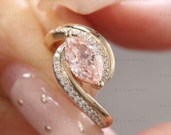 Vivid Pink East West Marquise Lab Created Engagement Ring, 14K Gold Bypass Setting Ring