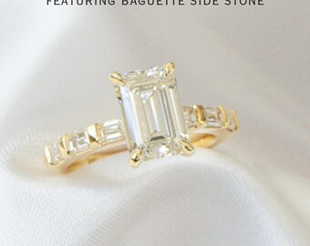 3 CT Emerald Cut Lab Grown Diamond Engagement Ring, 14K Solid Gold Baguette Pave
