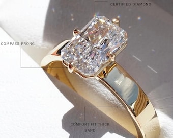 2.5 CT Radiant Lab Grown Diamond Engagement Ring, 14K Gold Compass Prong Comfort Fit Band
