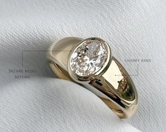 1 CT Oval Lab Grown Diamond Engagement Ring, 14K Gold Chunky Bezel Signet