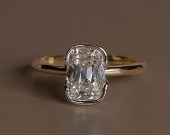 3 CT Old Mine Cushion Lab Grown Diamond Engagement Ring, 14K Half Bezel Setting Ring, Two Tone Solitaire Ring , Anniversary Ring For Her