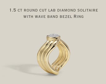 Round Cut Lab Grown Diamond Engagement Ring, 14K Solid Gold Wave Band