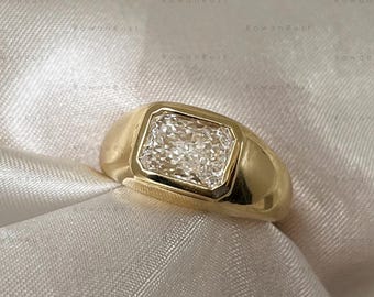Anillo de compromiso con diamante cultivado en laboratorio, talla radiante este-oeste, anillo con engaste de oro macizo de 14 quilates, anillo de banda gruesa, anillo de diamante certificado por IGI.
