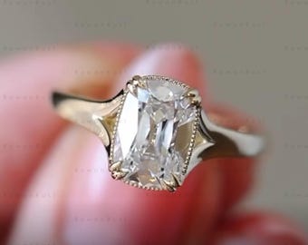 Old Mine Cushion Lab Grown Diamond Engagement Ring, 14K Migraine Bezel Setting Ring, Split Band Solitaire Ring , Anniversary Ring For Her