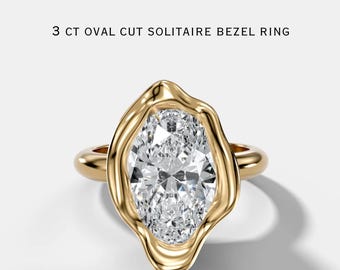 3 CT Oval Cut Lab Grown Diamond Engagement Ring, 14K Solid Gold Bezel Solitaire