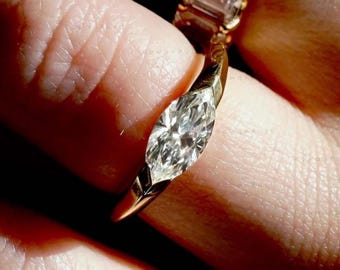 East West Marquise Cut Lab Grown Diamond Engagement Ring, 14K Solid Gold Half Bezel