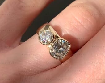 Anillo Toi Et Moi, anillo de diamantes cultivados en laboratorio de talla cojín y redonda, bisel de oro de 14 quilates