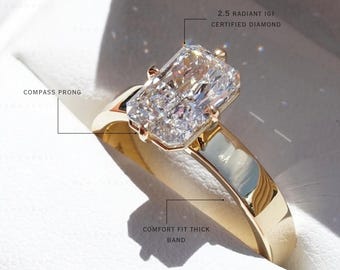 2.5 CT Radiant Lab Grown Diamond Engagement Ring, 14K Gold Compass Prong Comfort Fit Band