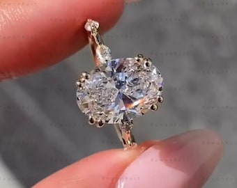2.7カラット オーバル型ラボグロウンダイヤモンド婚約指輪、14Kゴールド ダブルプロングセッティングリング